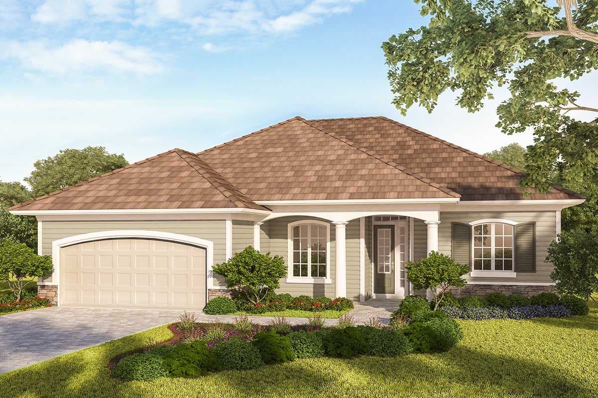 House plan exterior: Single-story home with a porch supported by columns, arched garage door, and multi- Gable rooflines.