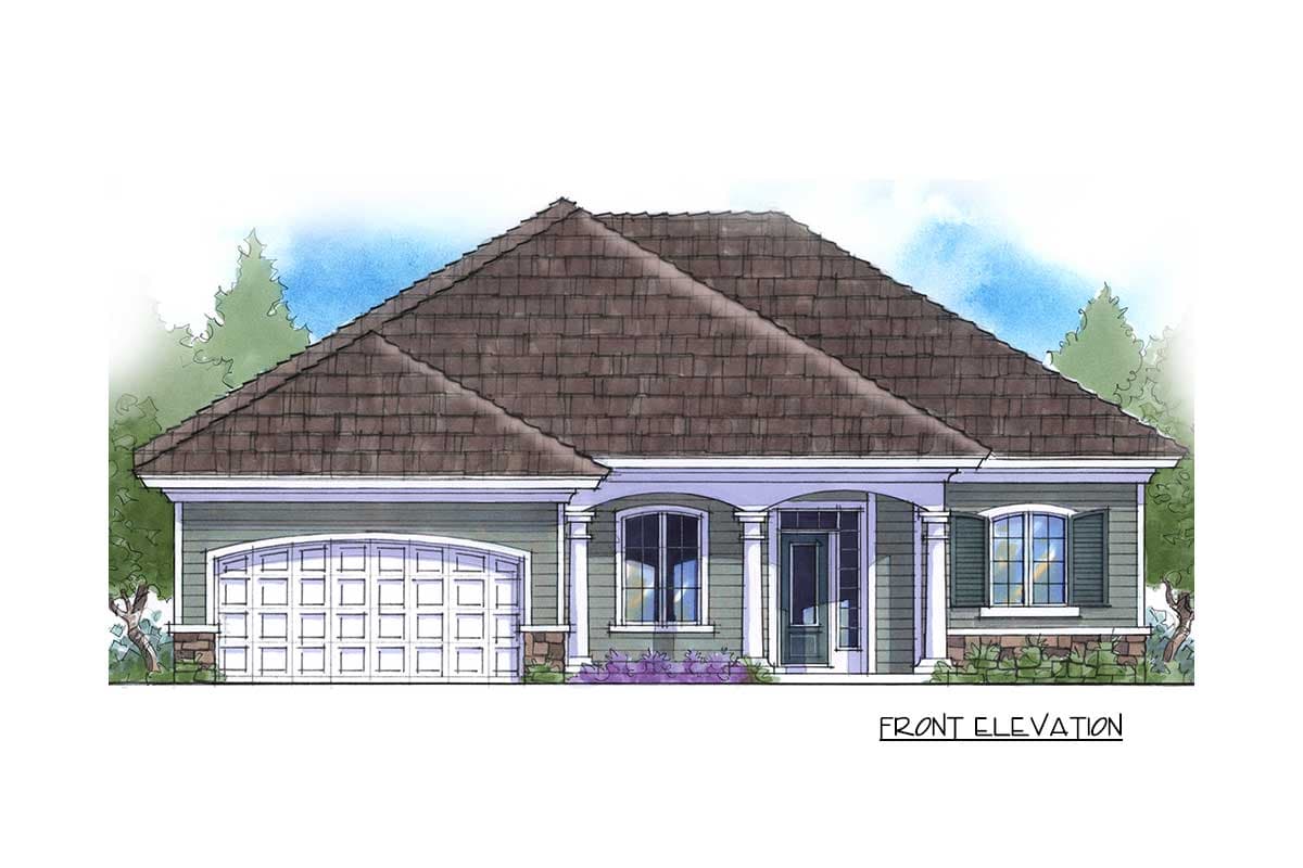 Front elevation house plan: one-story, side-entry garage, covered entry with columns, arched garage door.