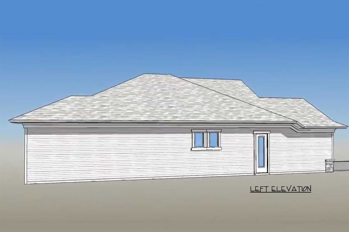 Left elevation of a single-story house plan showing horizontal siding, a pitched roof, two windows, and a door.