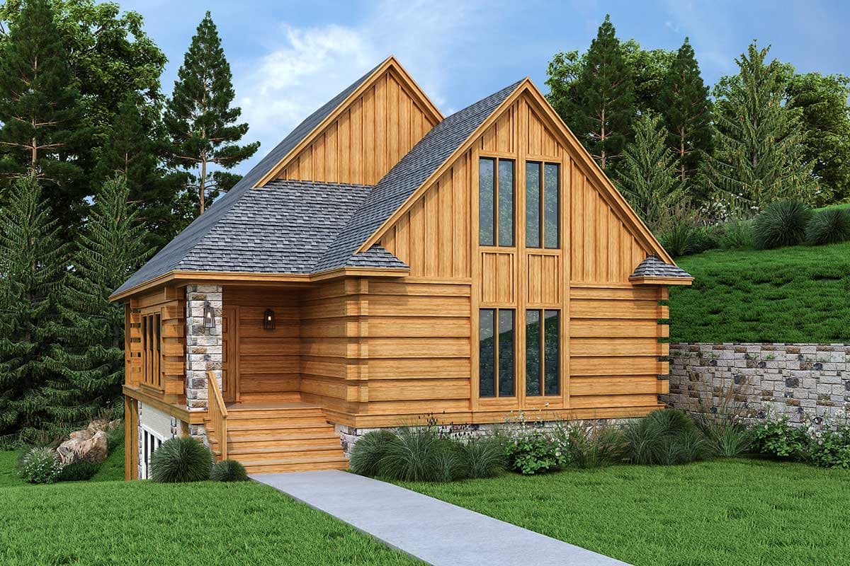 Log cabin house plan exterior with stone foundation, multi-story gable roof, and vertical wood siding.