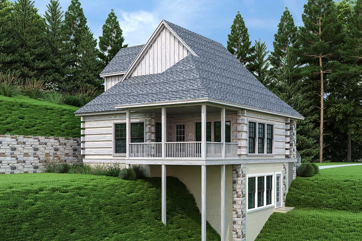Log cabin style house plan exterior with a wraparound porch, gabled dormers, and stone foundation.