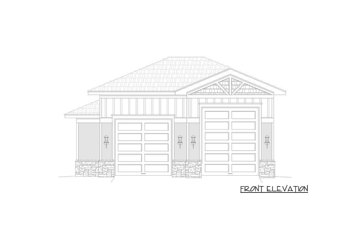 Front elevation drawing of a single-story house plan with a side-facing two-car garage, stone base, and prominent gabled dormer.