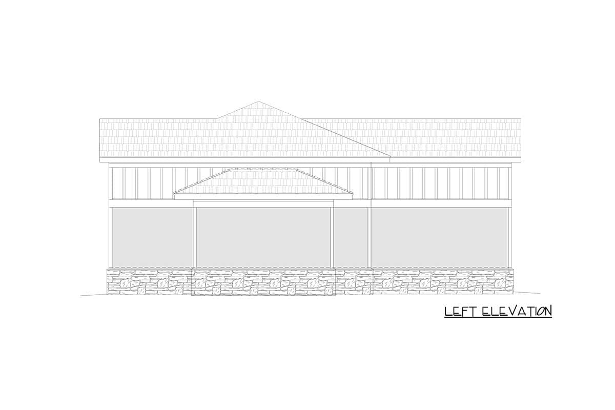 Left elevation house plan with a stone base, covered porch with vertical supports, and a hipped roofline.