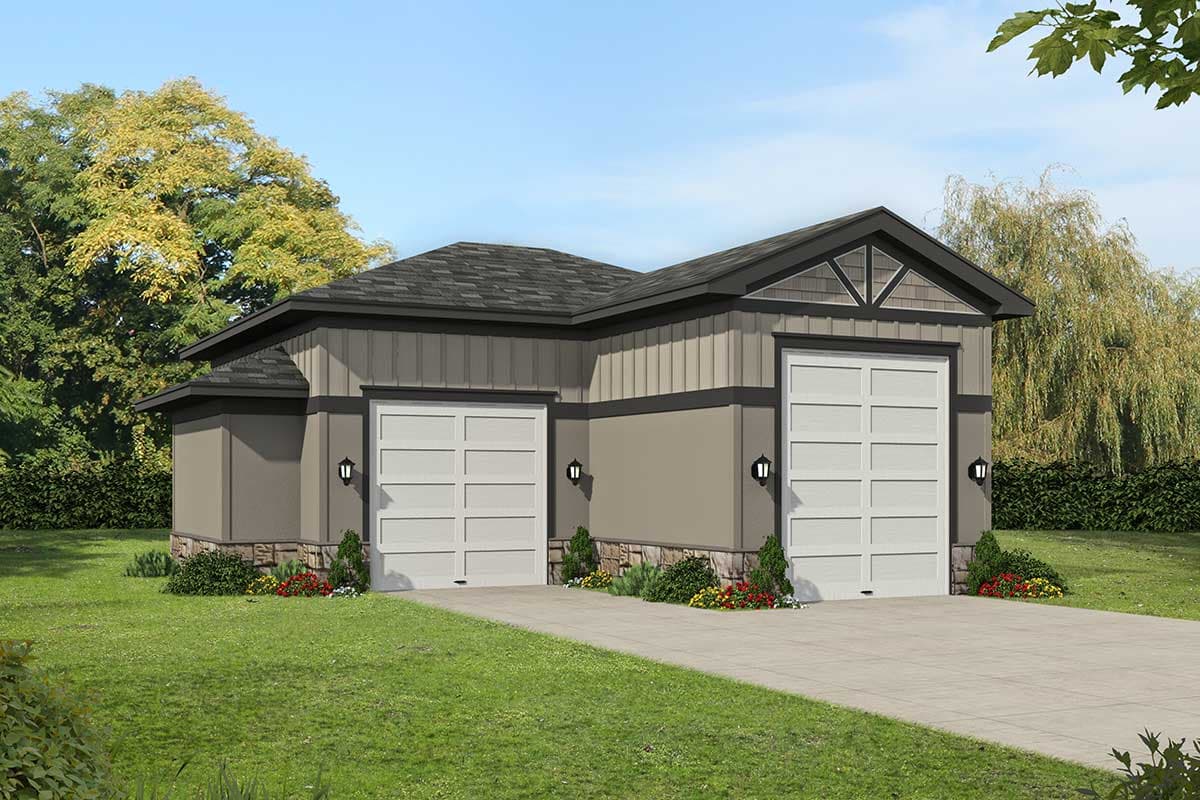 House plan exterior with two-car garage. Features include a gable roof, decorative truss, and contrasting siding with stone wainscot.