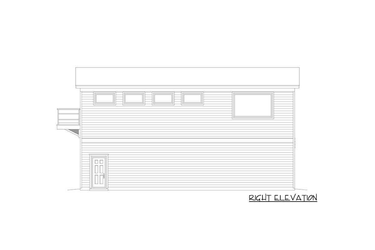 Right elevation drawing of a house plan, featuring horizontal siding, a double door, a deck, and multiple windows.
