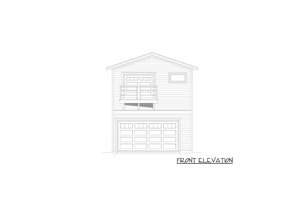 Front elevation drawing of a two-story house plan with a single garage door, balcony, and gable roof.