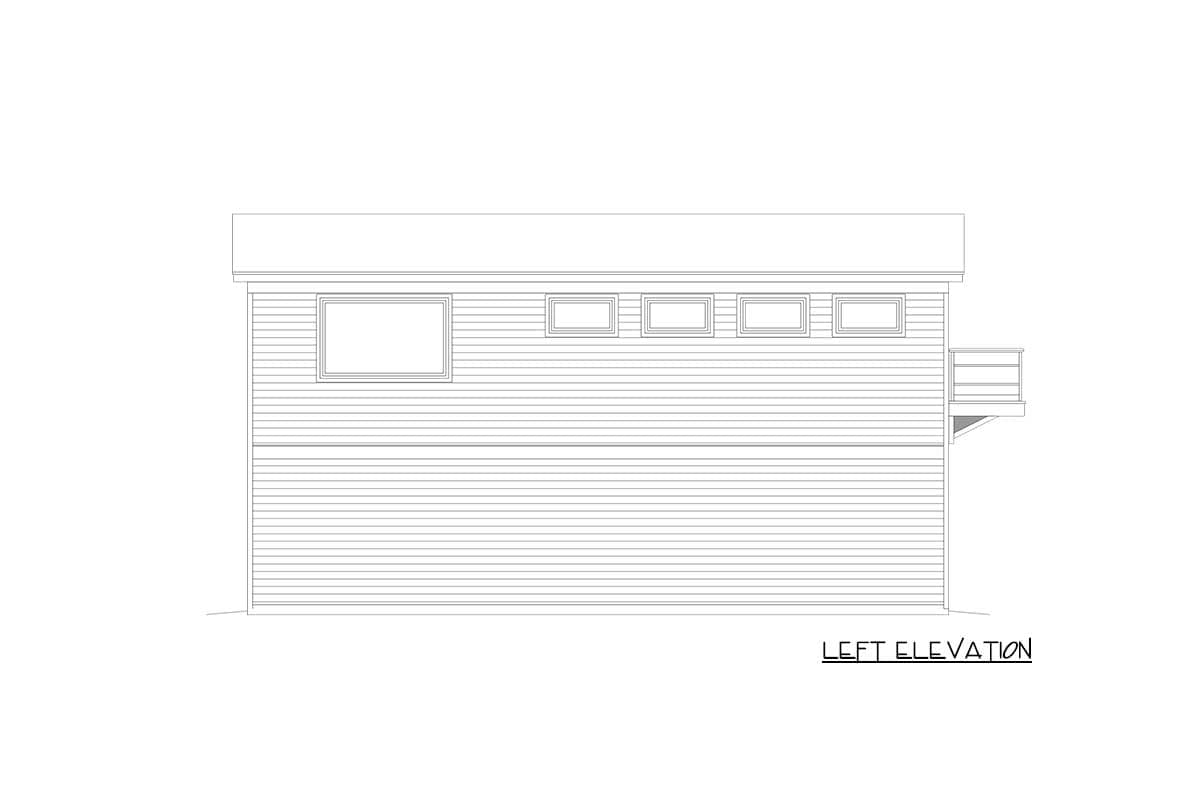 Left elevation drawing of a house plan with horizontal siding, one large window, five smaller windows, and a deck.