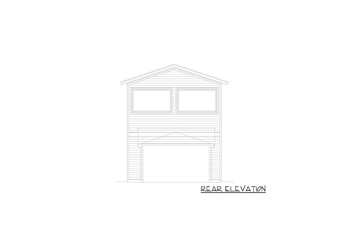 Rear elevation drawing of a two-story structure with a garage door on the first level and two windows on the second level.
