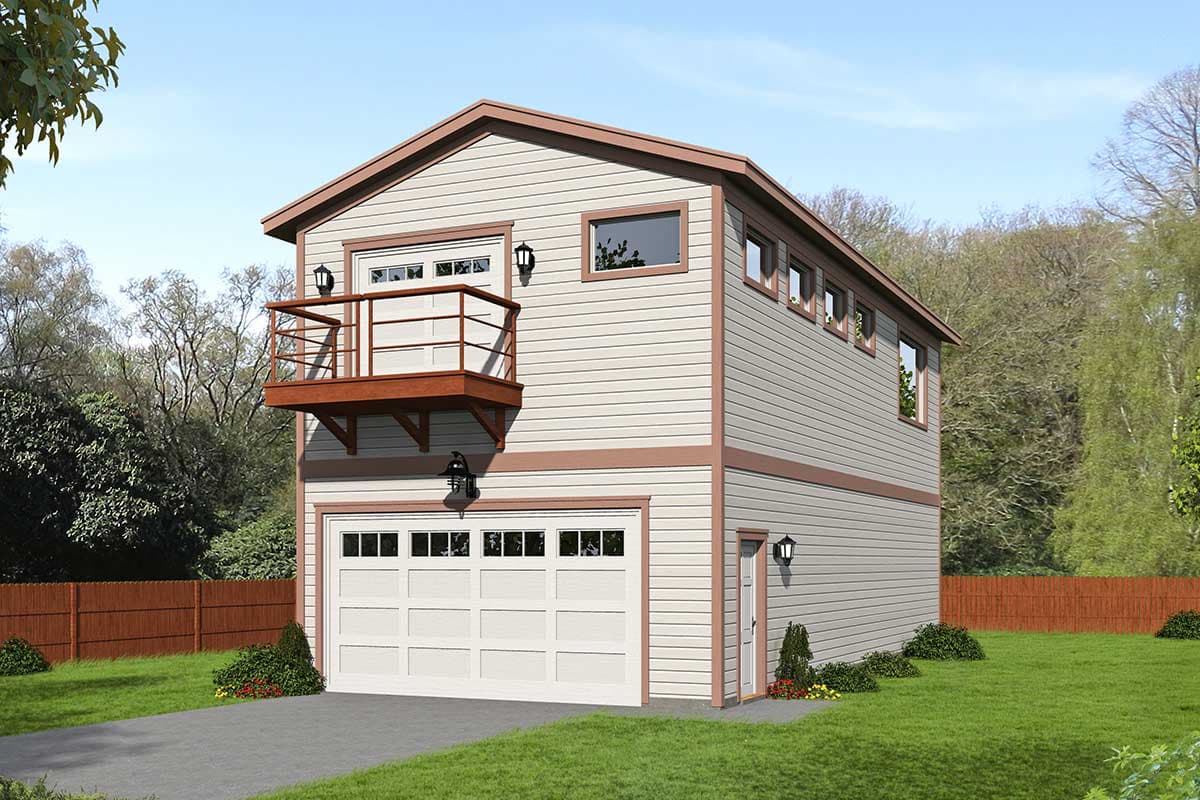 House plan exterior with two stories. Features include a gable roof, garage, and balcony. Siding is light-colored with brown trim.
