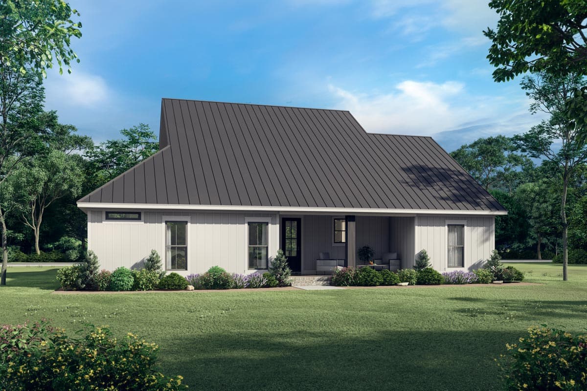 Modern Farmhouse house plan exterior with vertical siding, metal roof, covered front porch, and large windows.