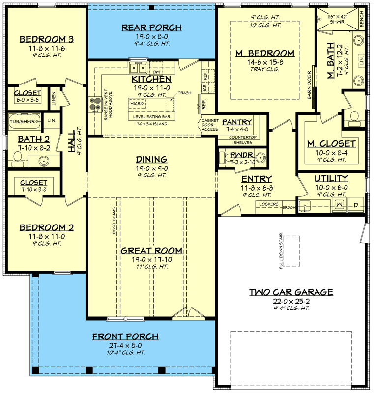 Plan 51873HZ: 3-Bed Modern Farmhouse with L-shaped Front Porch - Floor Plan - Main Level - Cottage, Farmhouse, Modern Farmhouse, Traditional