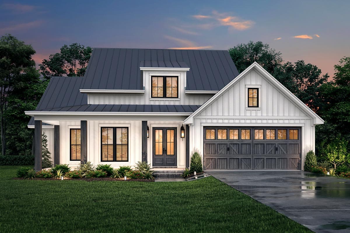 Modern Farmhouse style house plan exterior with a metal roof, prominent gable, covered porch, and a two-car garage.