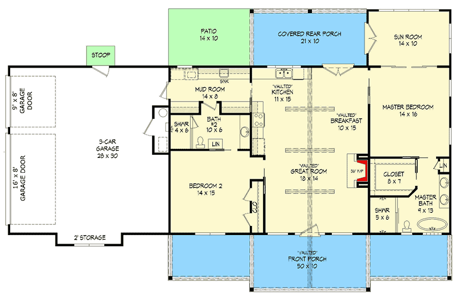 Plan 68829VR: Mountain Ranch Home Plan with Vaulted Entry Porch and Side-entry Garage - Floor Plan - Main Level - Country, Mountain, Ranch