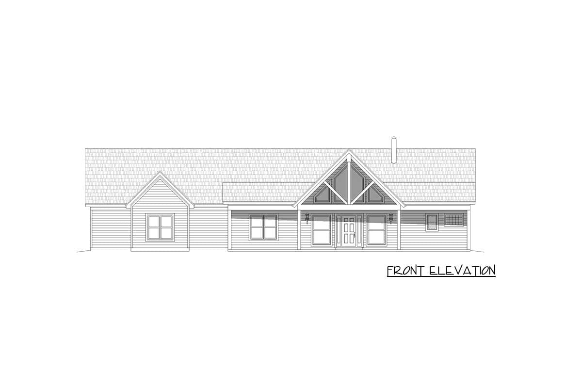 Front elevation of a one-story house plan featuring a prominent gable with large windows, double entry doors, and horizontal siding.