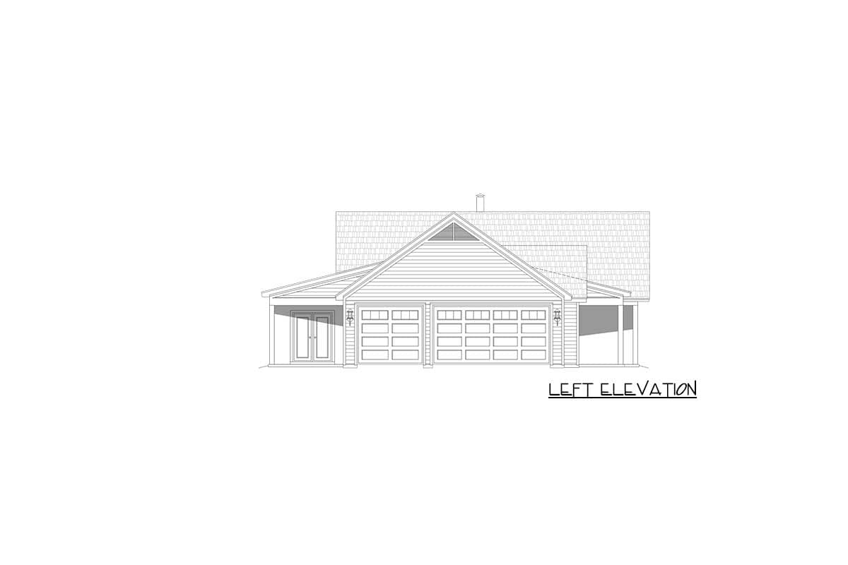 Left elevation drawing of a house plan featuring a prominent gable, a two-car garage, and an adjacent entry door.