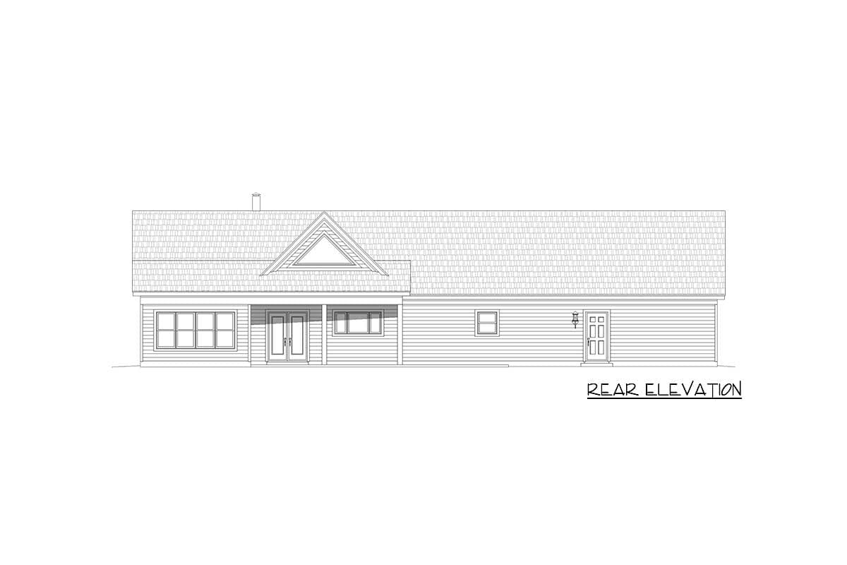 Rear elevation drawing of a single-story house with a gable dormer, double doors, and multiple windows.