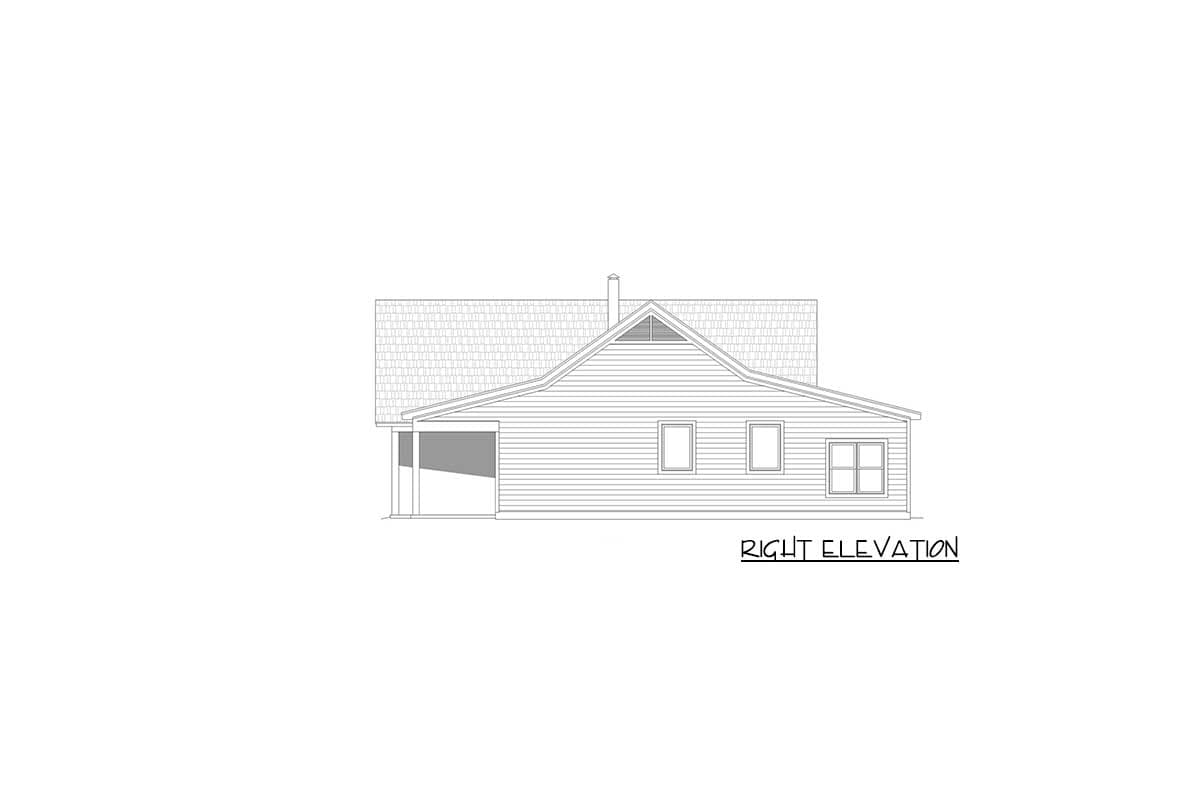 Right elevation drawing of a house plan, showing a covered porch, gabled roof, and siding.