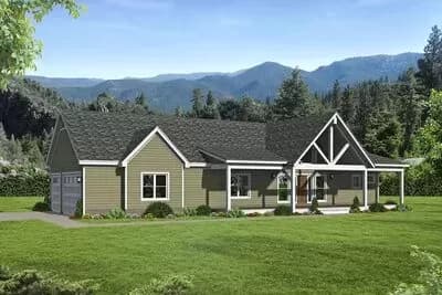 Mountain Ranch Home Plan with Vaulted Entry Porch and Side-entry Garage