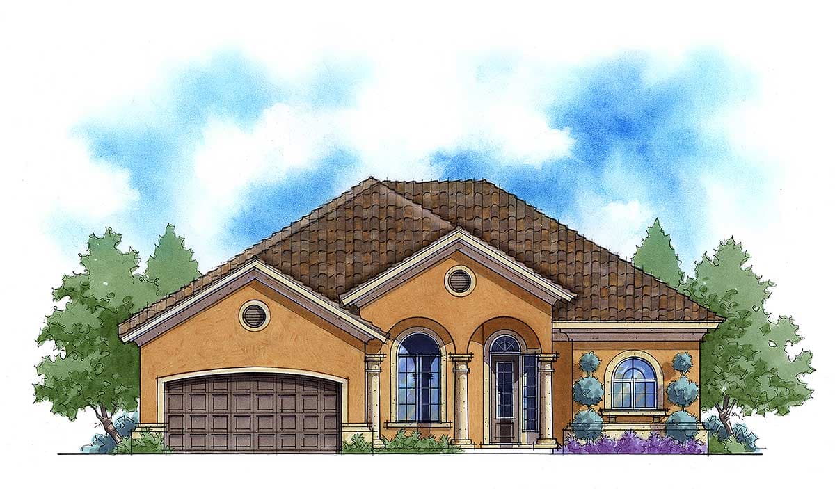 House plan exterior of a one-story Mediterranean style home with a tile roof, arched windows, columns, and a two-car garage.