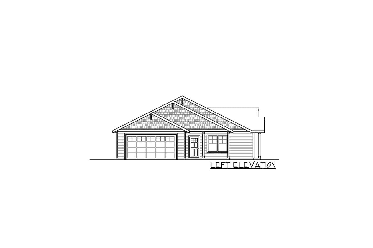 Left elevation of a one-story house plan with a gable roof, horizontal siding, and attached two-car garage.