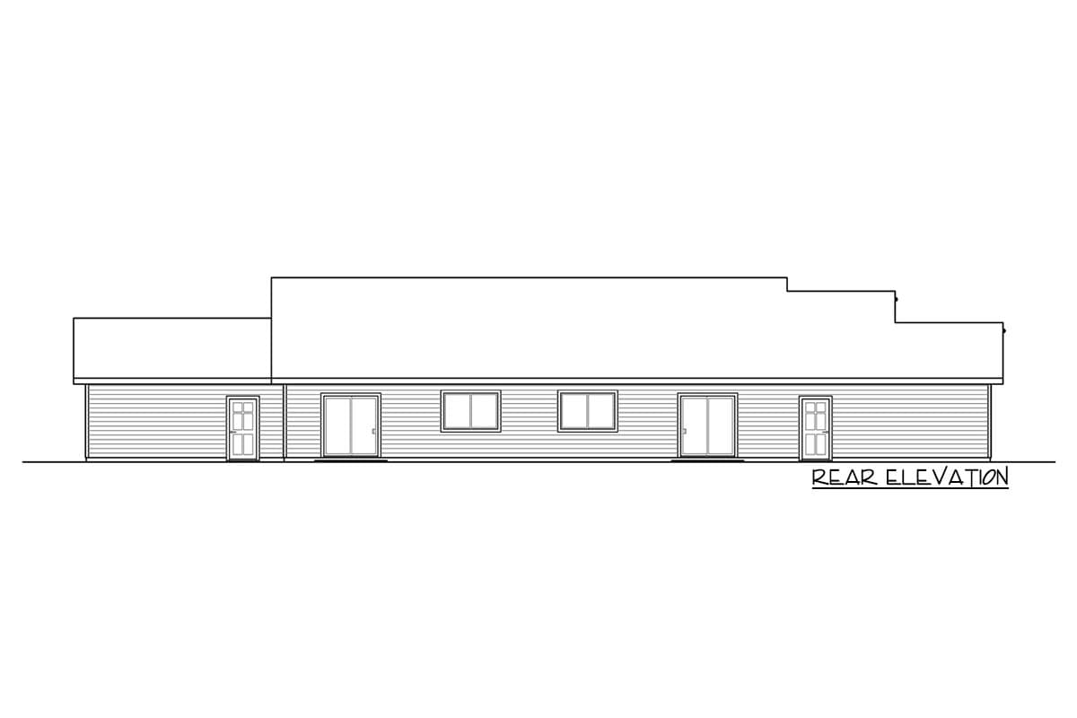 Rear elevation drawing of a single-story house plan, showing horizontal siding, two double doors, and three rectangular windows.