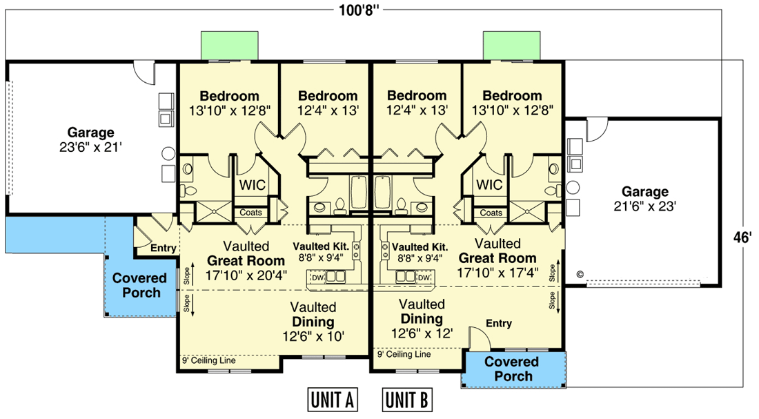 Plan 72290DA: Duplex House Plan with Asymmetric - and Similar - 2 Bedroom Units - Floor Plan - Main Level - Country, Craftsman, Ranch, Traditional