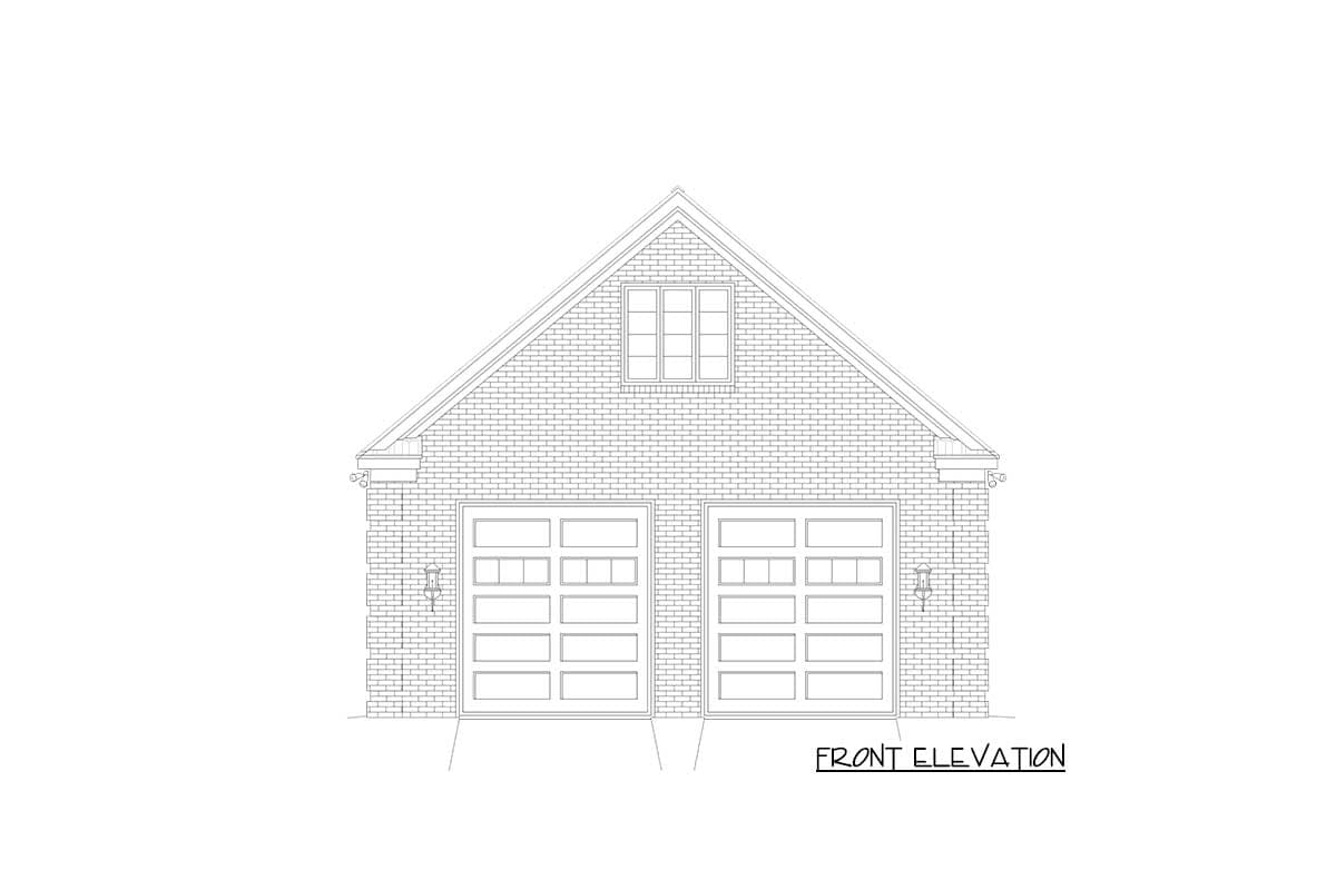 Front elevation drawing of a two-car garage with a dormer window and brick exterior.