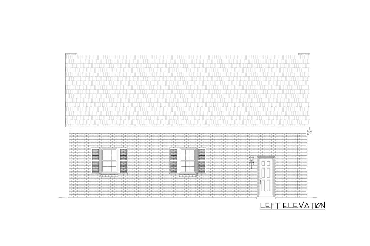 Left elevation drawing of a one-story house plan with brick exterior, three windows with shutters, and a front door.