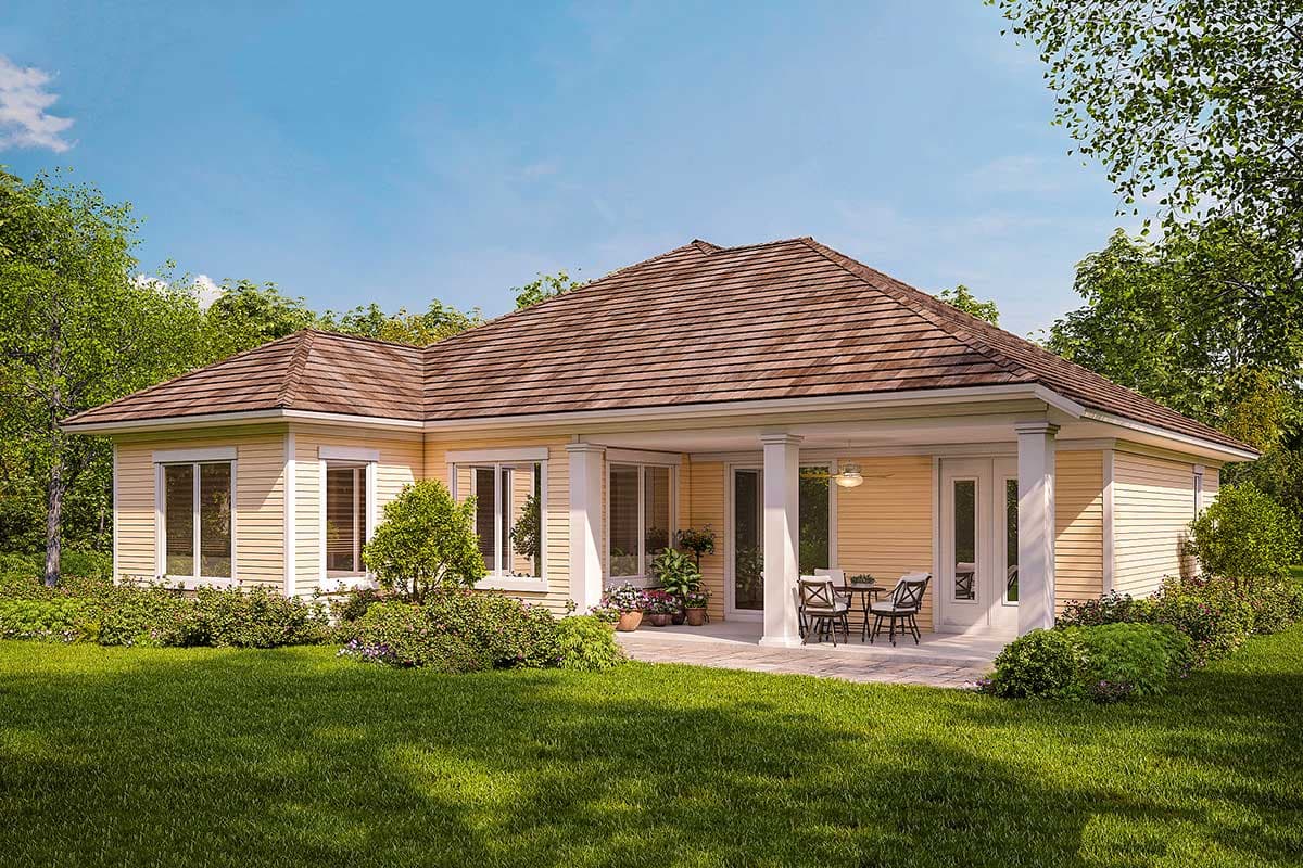 House plan exterior of a one-story home with a covered patio, large windows, and a hip roof.