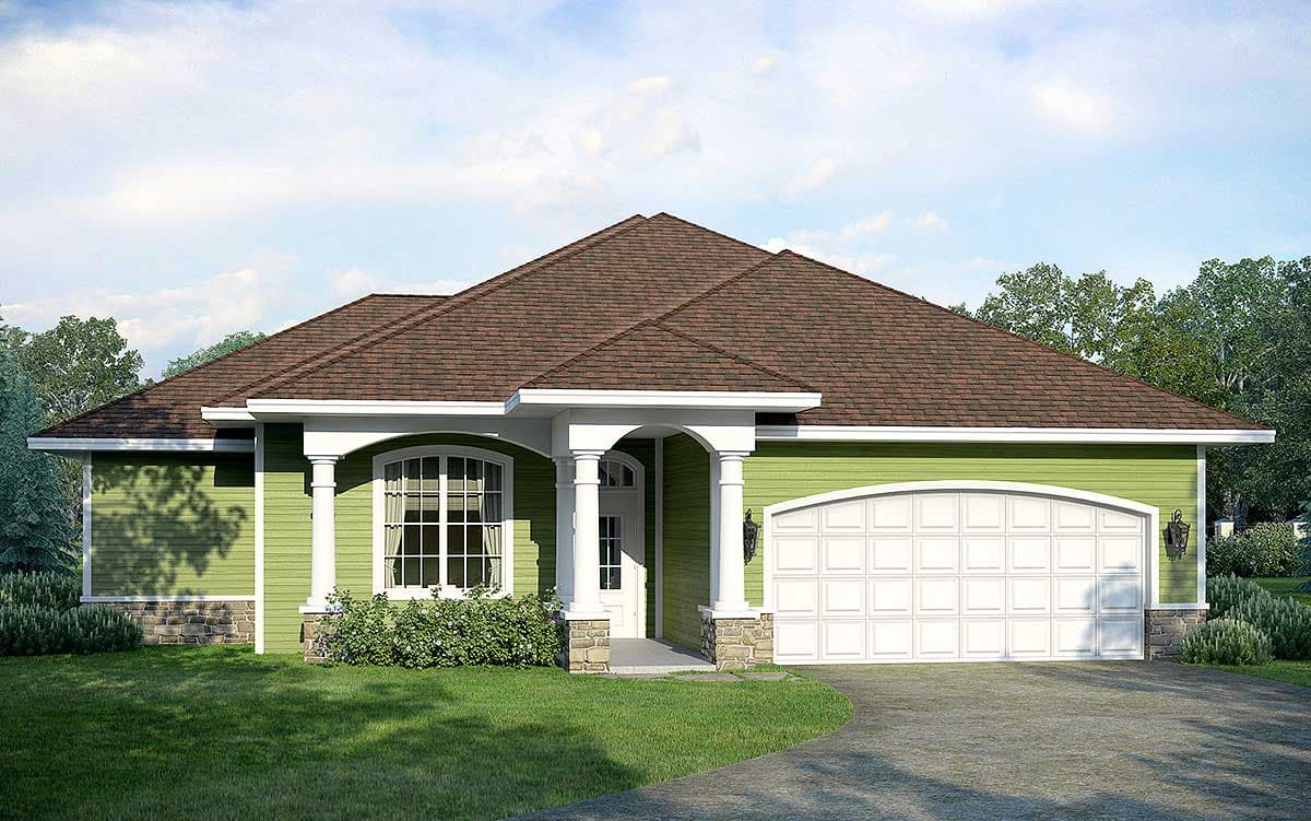 Ranch house plan exterior with arched entryway, arched garage door, stone accents, and hip roof.