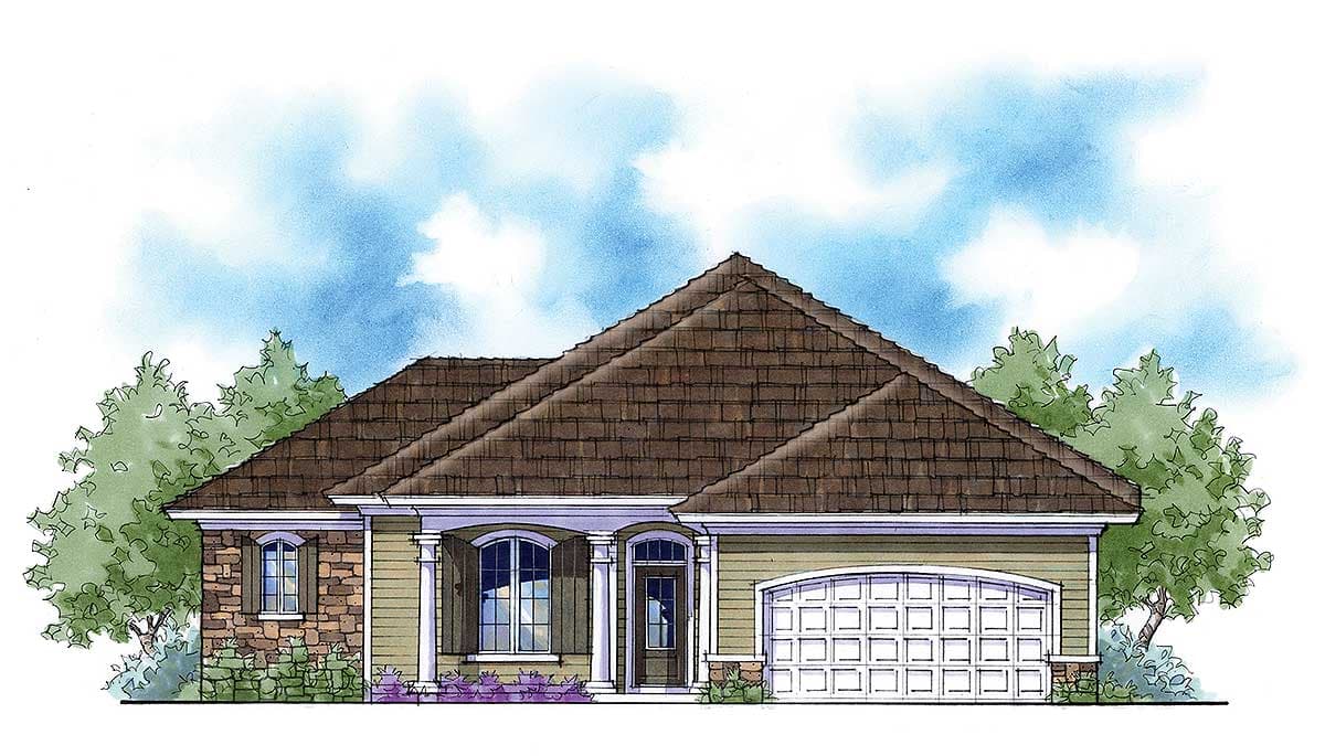 House plan exterior: One-story home with covered entry, arched windows, stone accents, and a two-car side-entry garage.