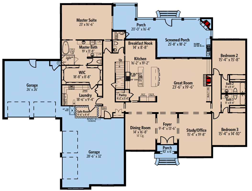 Plan 70712MK: 3-Bed French Country Home with Upstairs Game Room - 4989 Sq Ft - Floor Plan - Main Level - Country, European, French Country, Southern, Traditional
