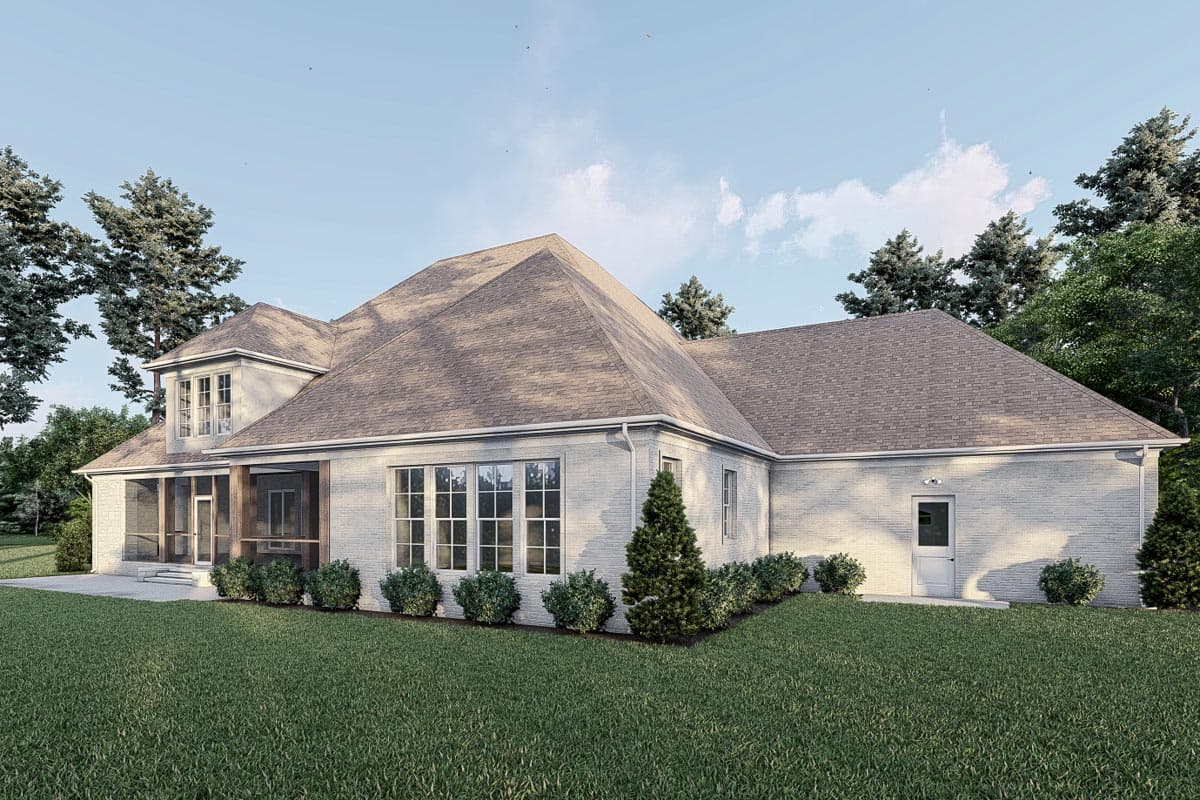House plan exterior with a screened porch, multiple gables, and a dormer window on a brick exterior.