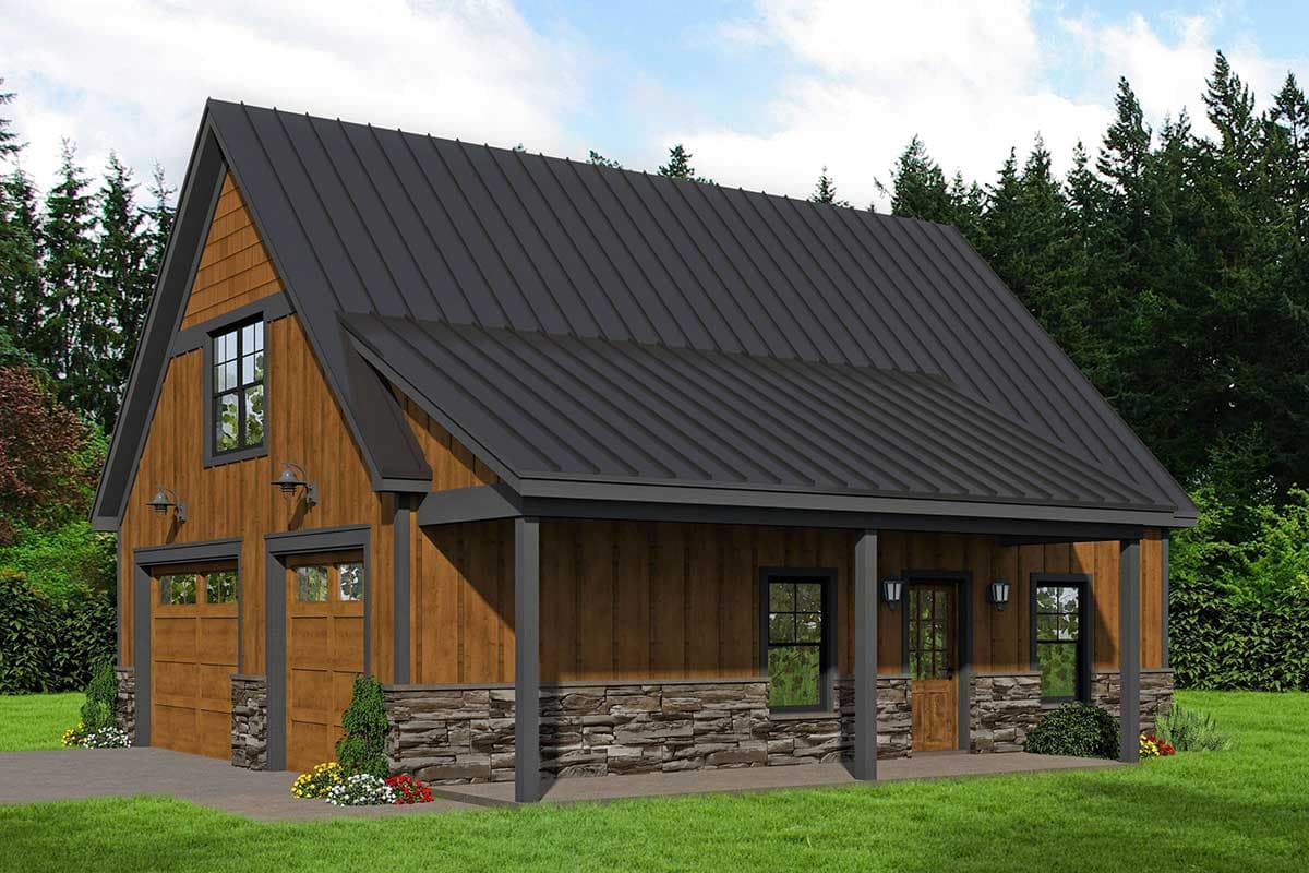 House plan exterior. Two-story Modern Farmhouse with a gabled roof, stone facade accents, and a covered porch. Includes a garage.