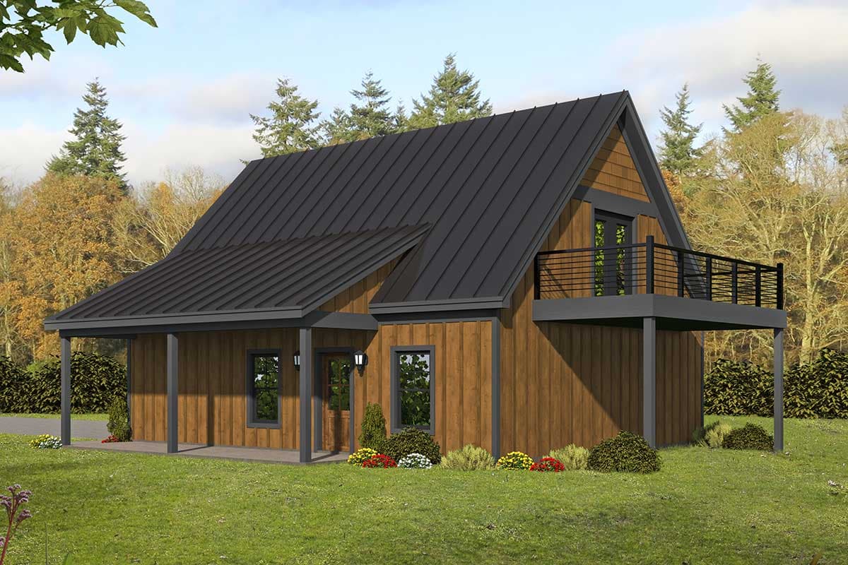 House plan exterior featuring a gable roof, covered porch, and elevated balcony with horizontal railings.