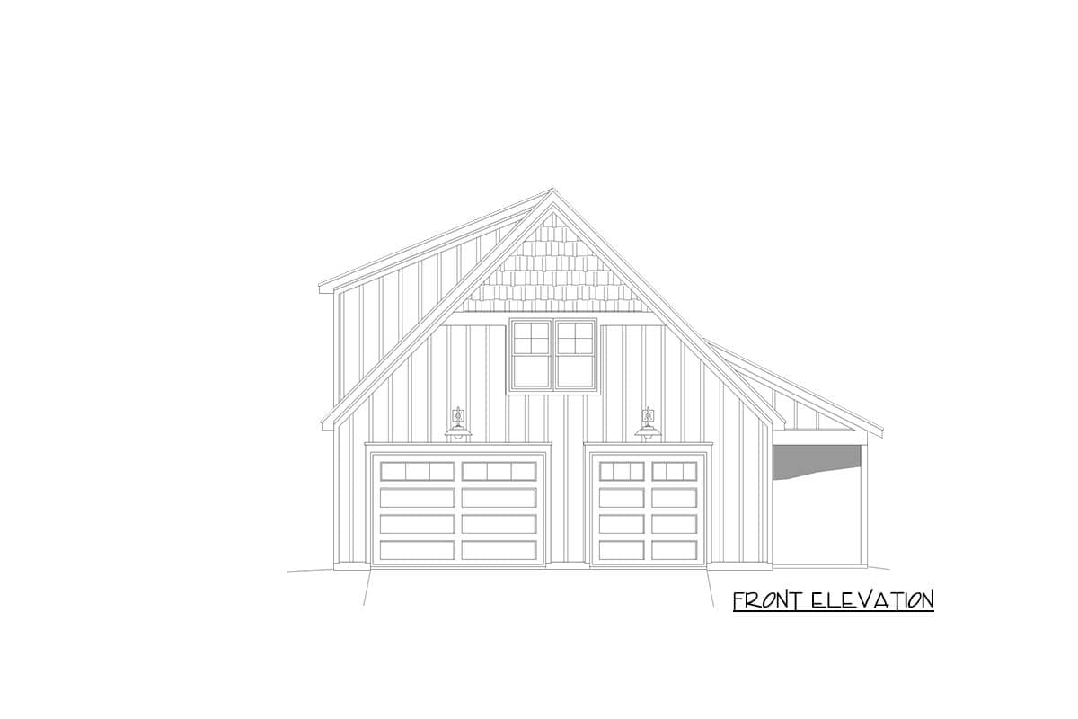 Front elevation drawing of a Modern Farmhouse style house plan featuring two garage doors, a gable dormer, and board-and-batten siding.