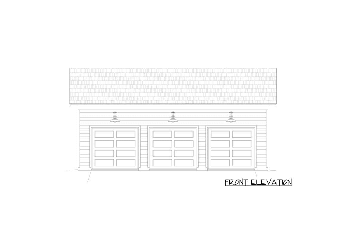 Front elevation drawing of a one-story garage with three overhead doors and exterior lighting.