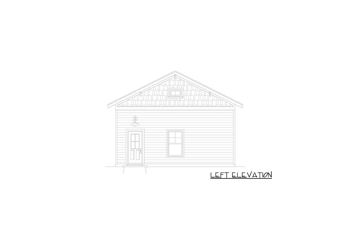 Left elevation house plan drawing showing a gable roof with a dormer, lap siding, a front door, and a single window.