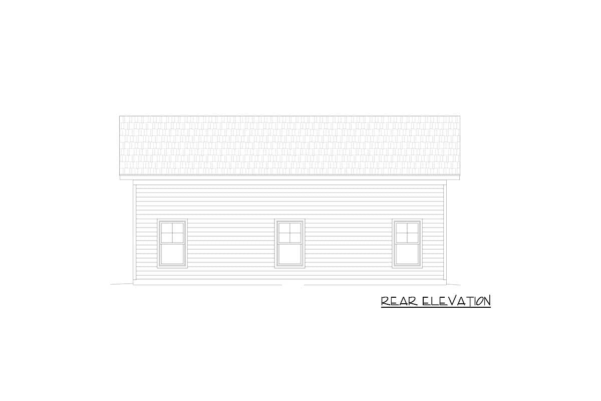 Rear elevation drawing of a house plan showing three windows and a hip roof.