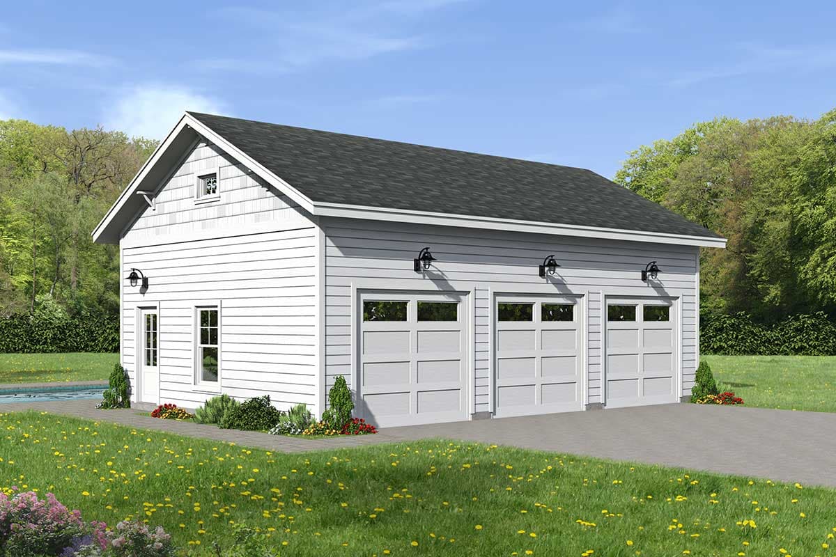 House plan exterior with three-car garage, gable roof, and three overhead garage doors. Features include horizontal siding and a small window.