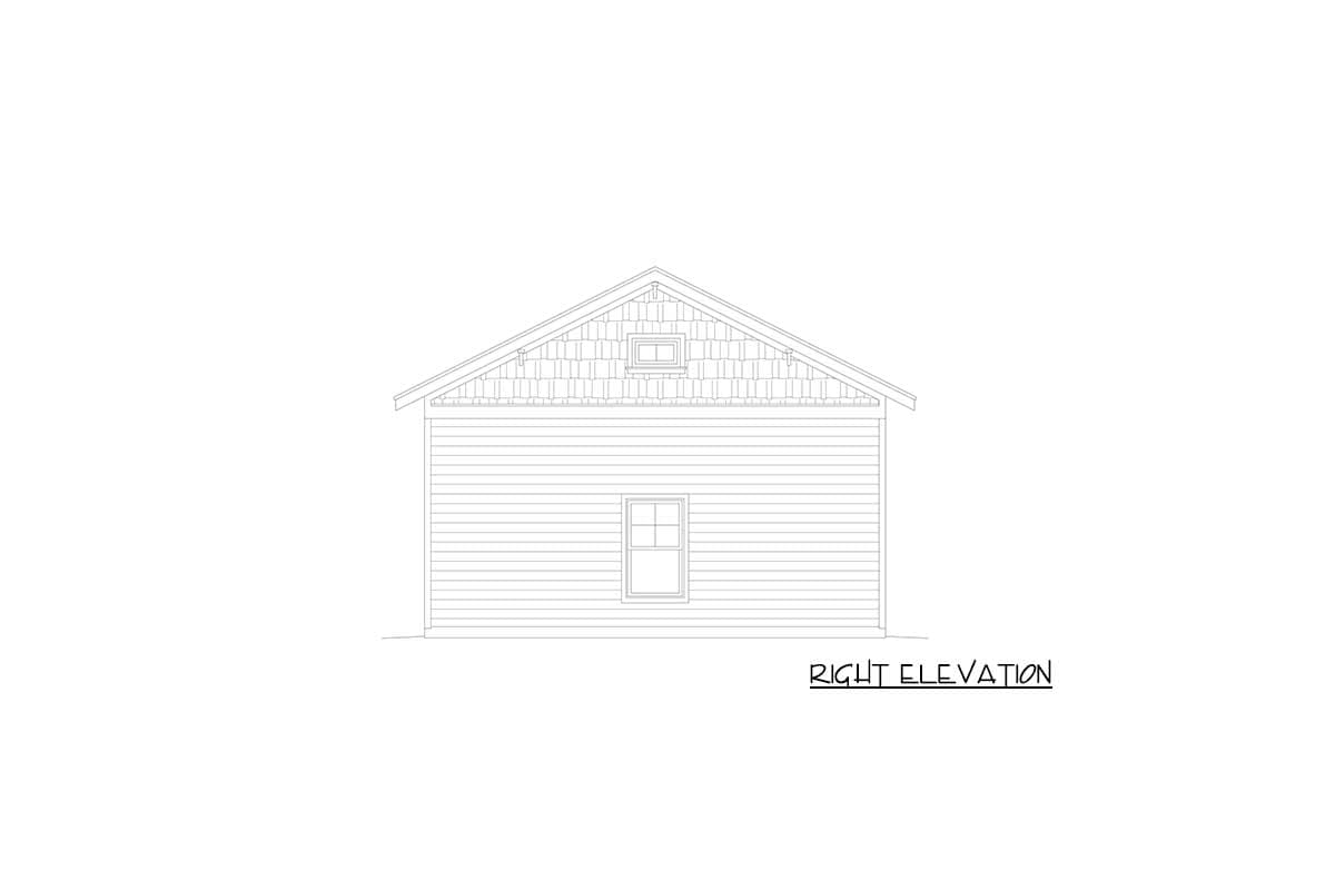 House plan right elevation drawing with horizontal siding, a gabled roof, and two windows, one in the gable.