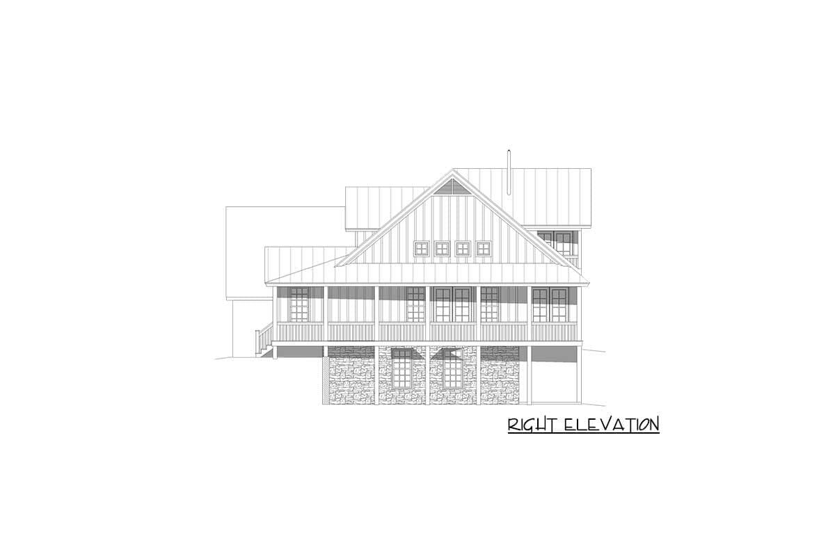 Right elevation drawing of a two-story house plan with a wrap-around porch, gabled dormers, and stone foundation.