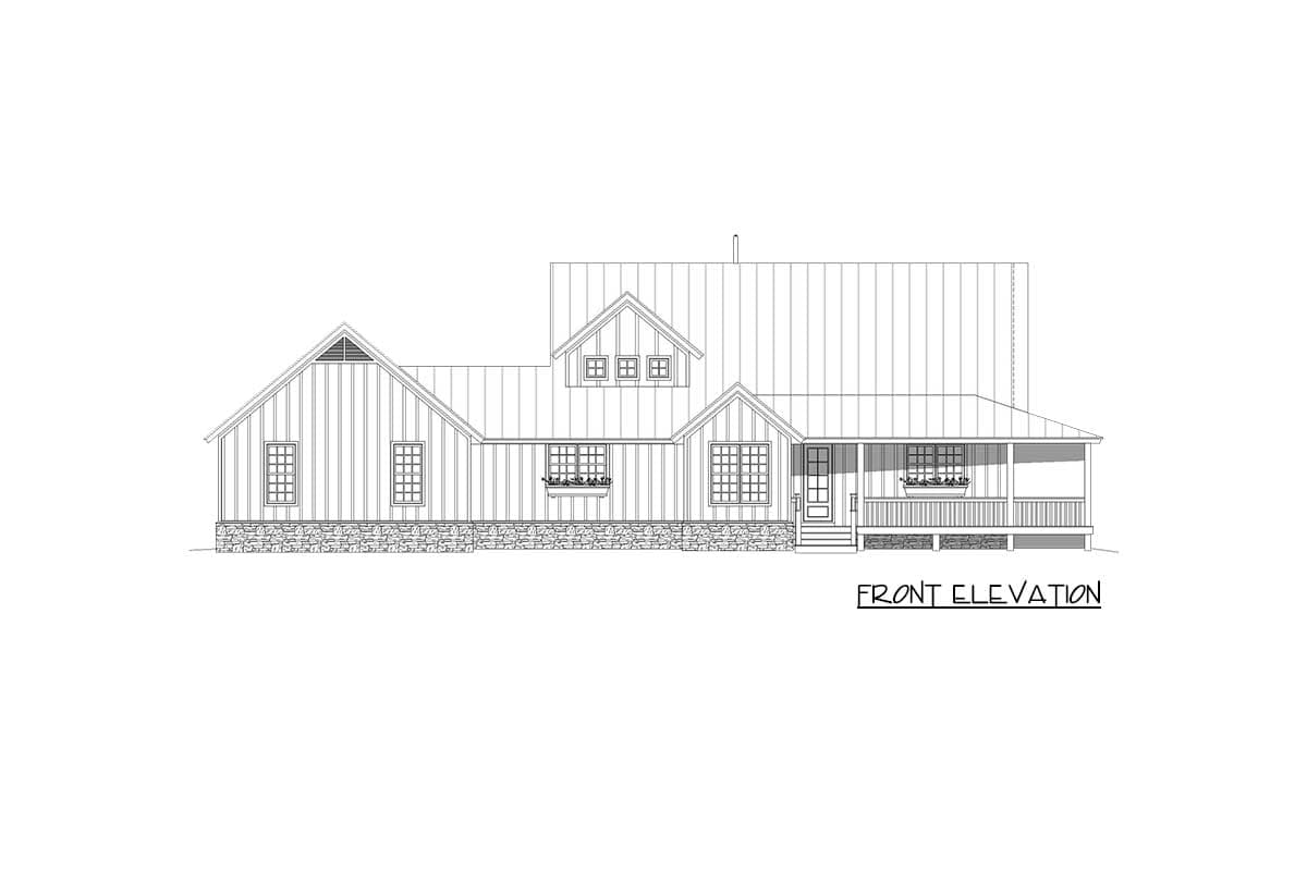 Front elevation drawing of a house plan with vertical siding, stone base, gables, dormers, and a covered front porch.