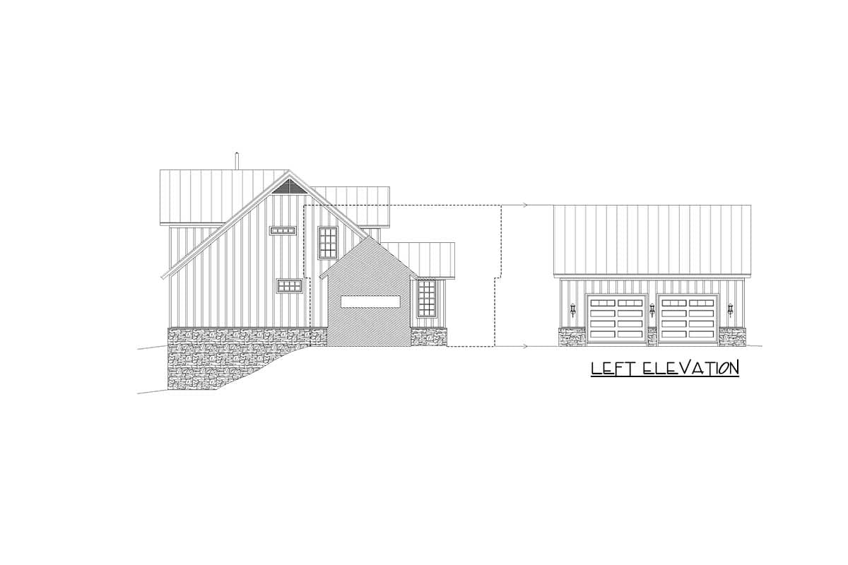 Left elevation house plan showing a multi-story home with a stone foundation and attached two-car garage.