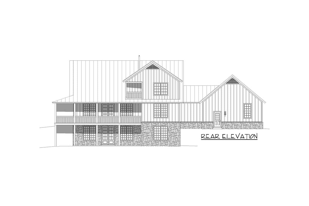 Rear elevation drawing of a two-story house plan with a wraparound porch, stone base, and gabled dormer.
