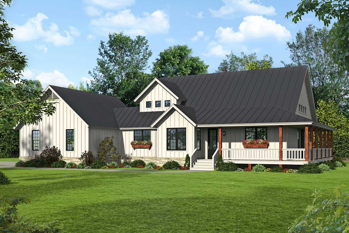 House plan exterior. Modern Farmhouse style with board-and-batten siding, a covered porch, multiple gables, and a dark metal roof.