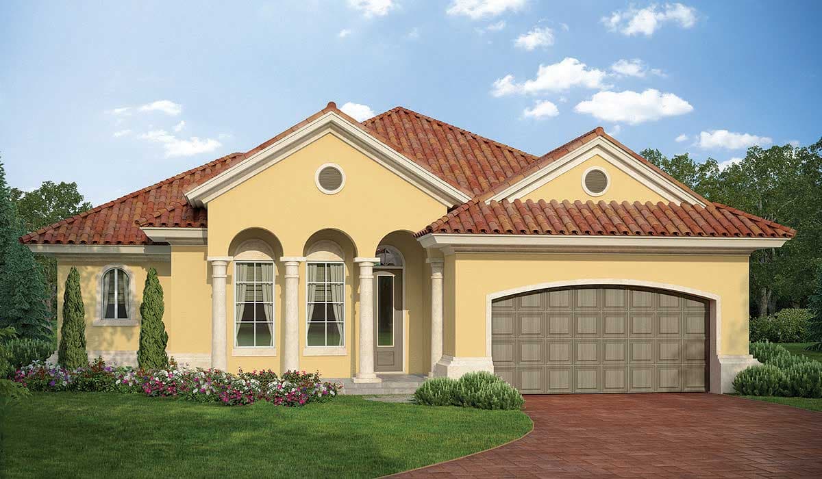 House plan exterior: One-story Mediterranean style with arched entry, barrel tile roof, and side-facing garage.
