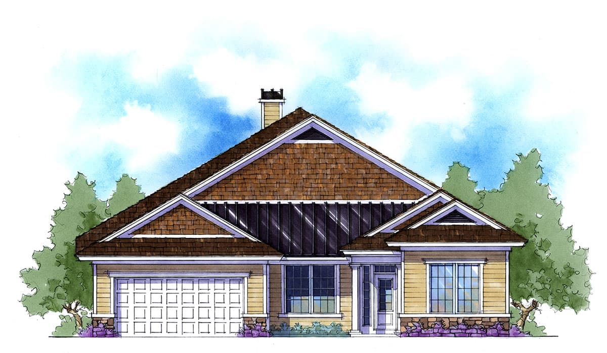 House plan exterior featuring a Craftsman style. One-story home with a gabled roof, prominent front dormer, and attached garage with stone accents.