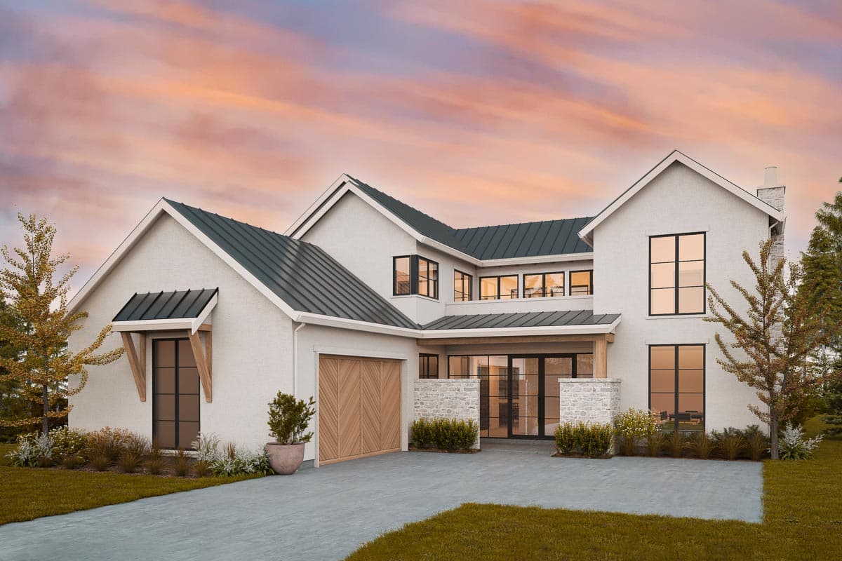 House plan exterior with modern farmhouse style, featuring a two-story design, gabled roof, and attached garage. Includes a covered porch.