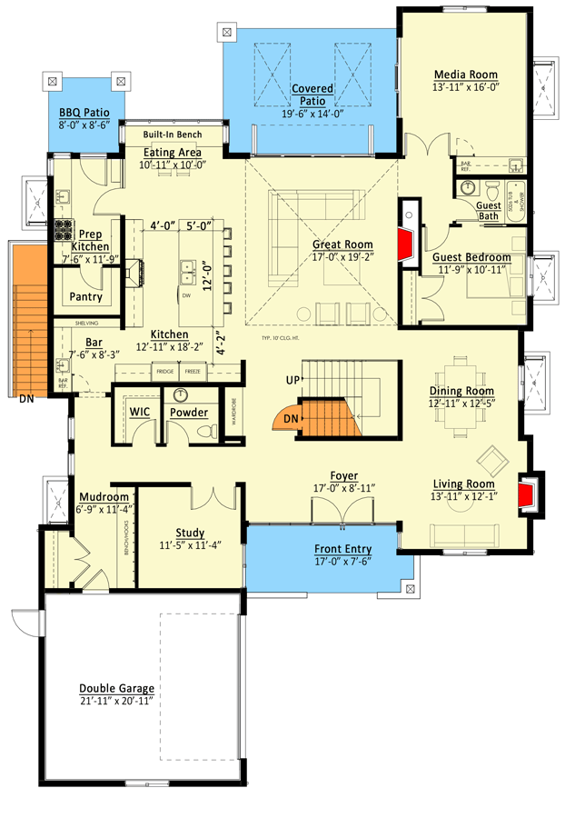 Plan 270043AF: Transitional 5-Bed Farmhouse with Optional Lower Level In-Law Suite - Floor Plan - Main Level - European, Farmhouse, Modern Farmhouse, New American, Transitional